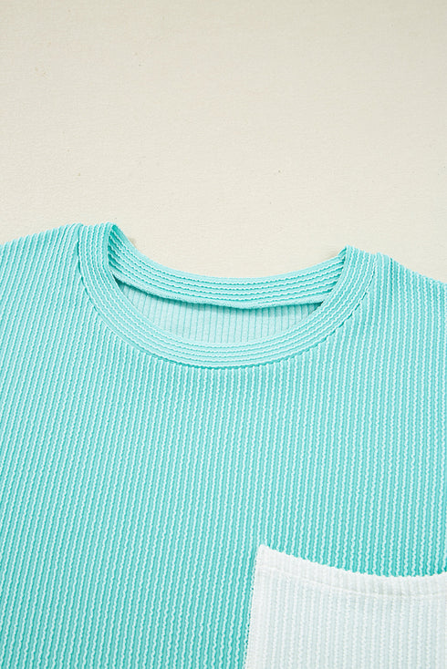 Corded Ribbed Knit Contrast Pocket Long Sleeve Pullover